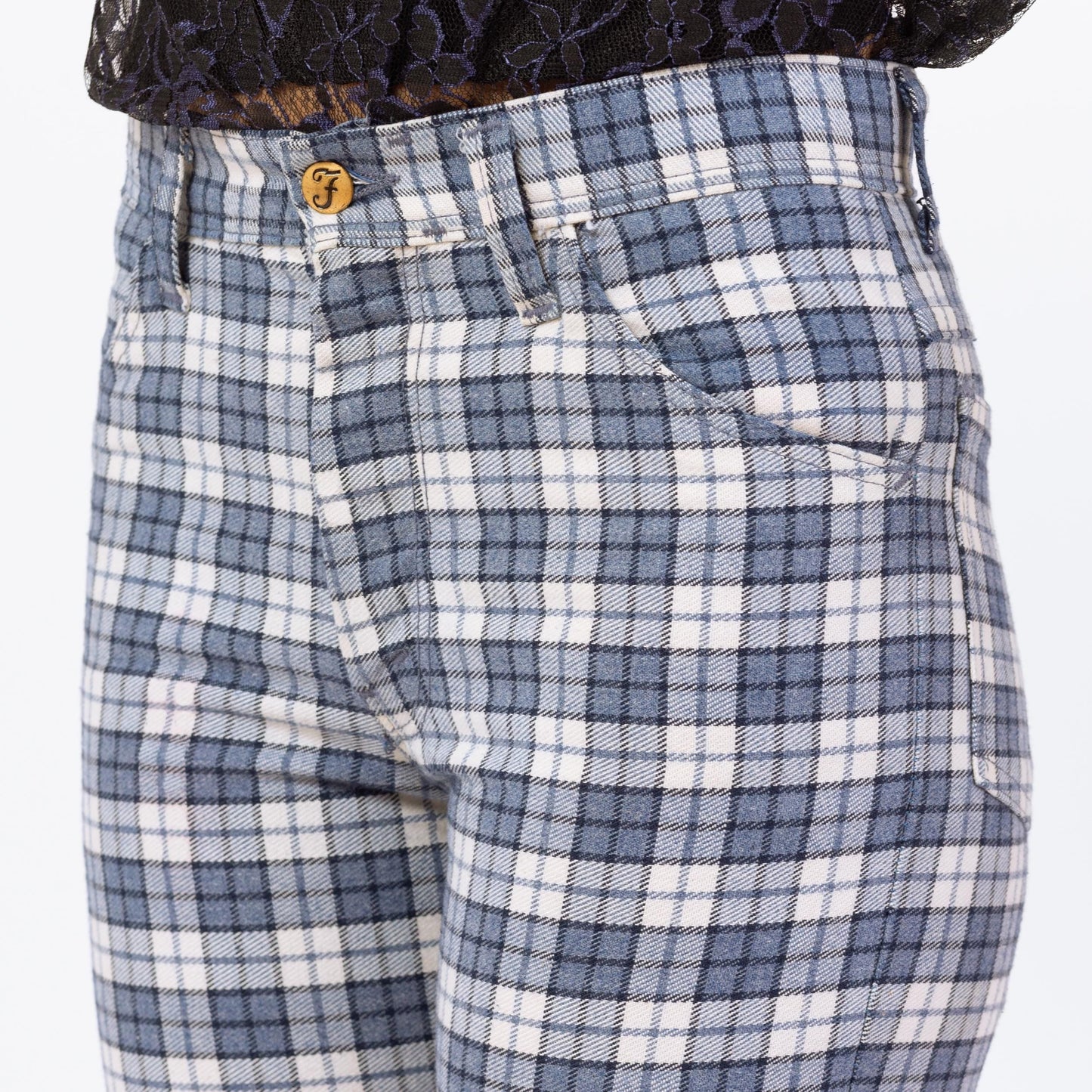 Bodega Vintage 1970s Blue Plaid Knit Flared Trousers - Unisex XS/Small