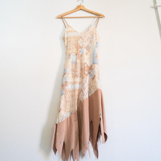 Bodega Vintage Y2K Floral Mesh Hanky Hem Fairy Dress in blue and tan