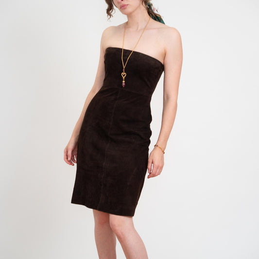 Bodega Vintage Y2K Elie Tahari Brown Suede Strapless Mini Dress - Size 6