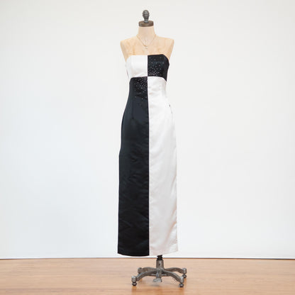 Bodega Vintage Y2K Jessica McClintock for Gunne Sax black white satin gown with rhinestones