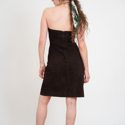 Bodega Vintage Y2K Elie Tahari Brown Suede Strapless Mini Dress - Size 6