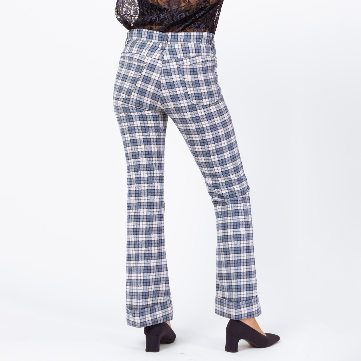 Bodega Vintage 1970s Blue Plaid Knit Flared Trousers - Unisex XS/Small