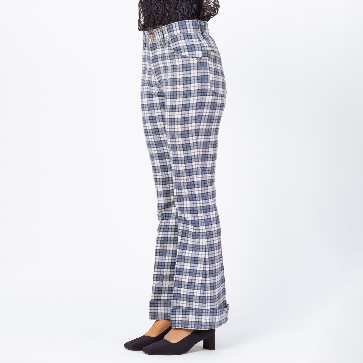 Bodega Vintage 1970s Blue Plaid Knit Flared Trousers - Unisex XS/Small