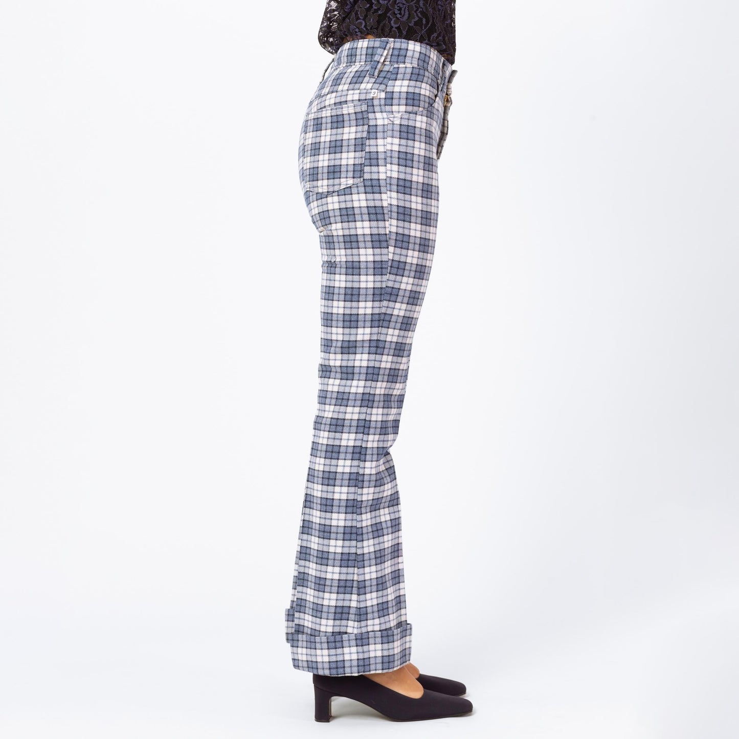 Bodega Vintage 1970s Blue Plaid Knit Flared Trousers - Unisex XS/Small