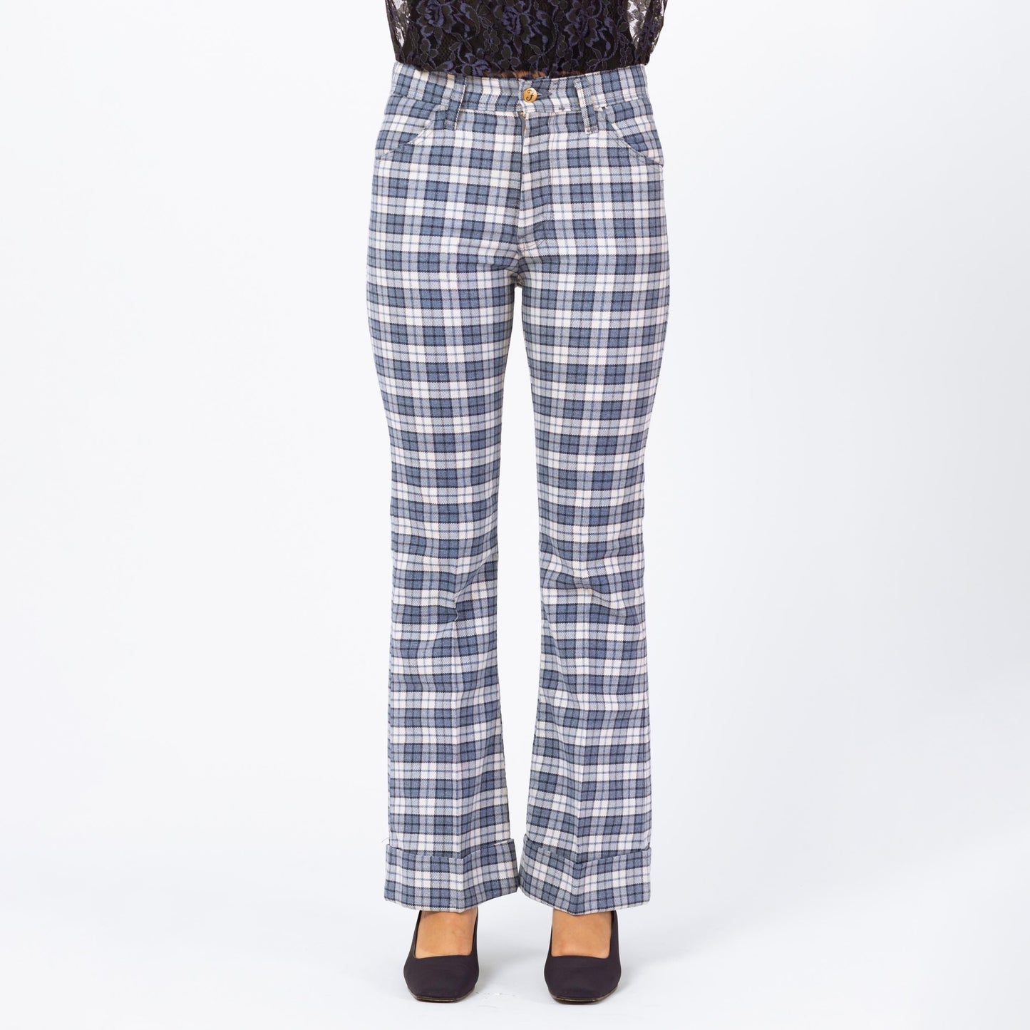 Bodega Vintage 1970s Blue Plaid Knit Flared Trousers - Unisex XS/Small