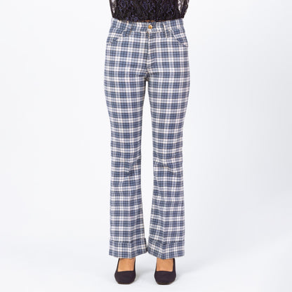 Bodega Vintage 1970s Blue Plaid Knit Flared Trousers - Unisex XS/Small
