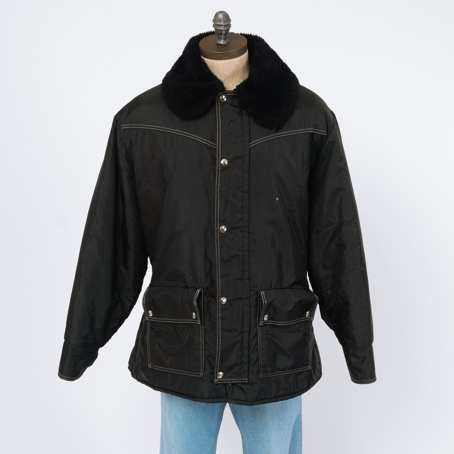 Bodega Vintage 70s black plush collar snow jacket on mannequin
