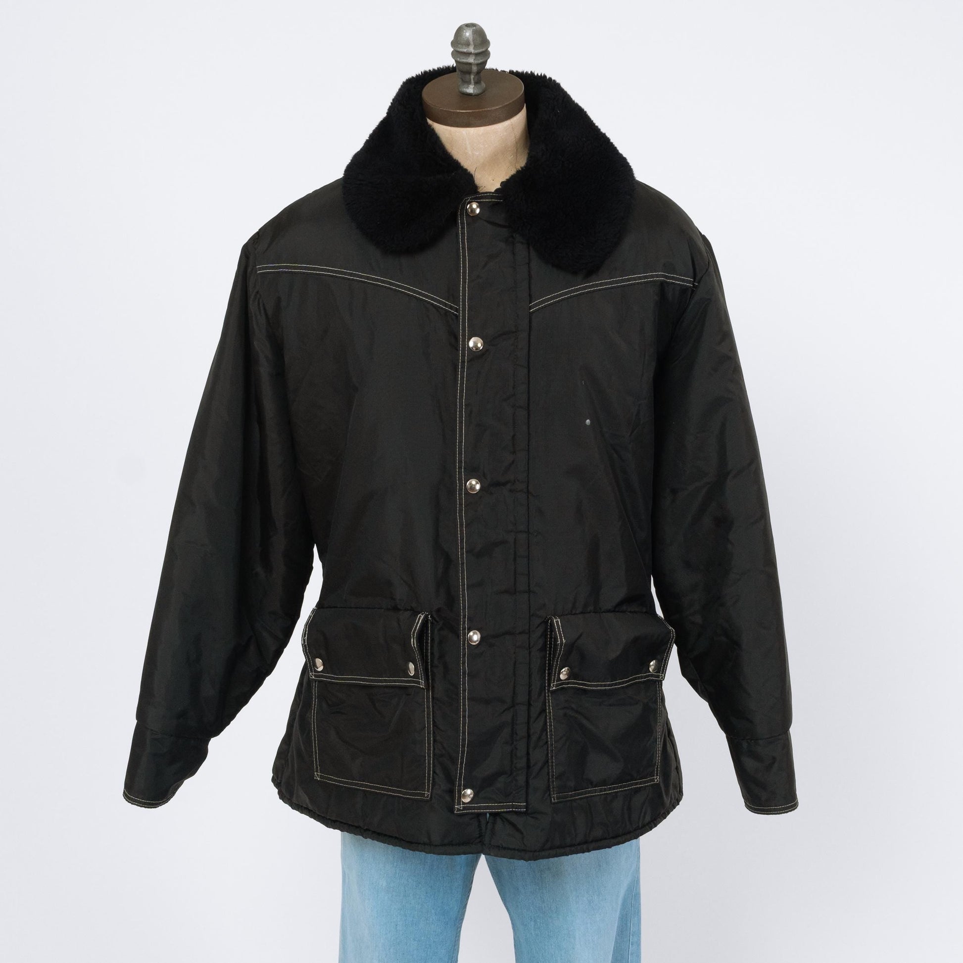 Bodega Vintage 70s black plush collar snow jacket on mannequin