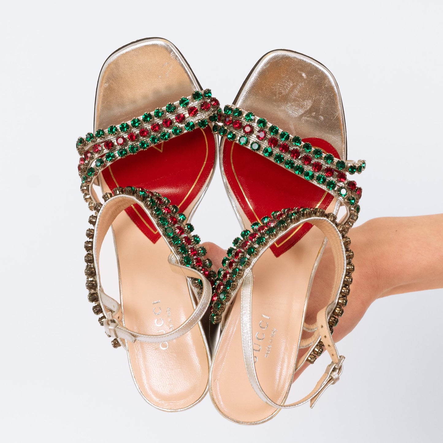 Bodega Vintage Gucci Bertie Crystal Silver Heeled Sandals - Size 36.5