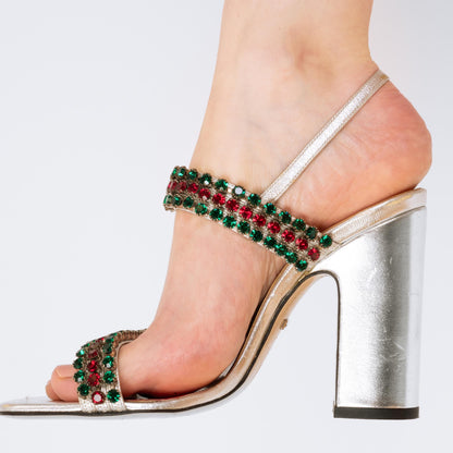 Bodega Vintage Gucci Bertie Crystal Silver Heeled Sandals - Size 36.5