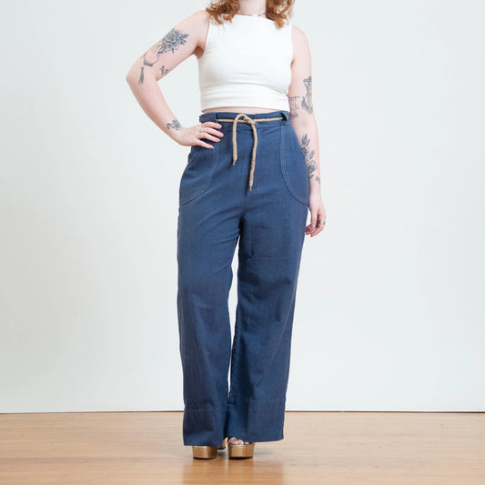 Vintage 70s chambray wide-leg drawstring pants for women