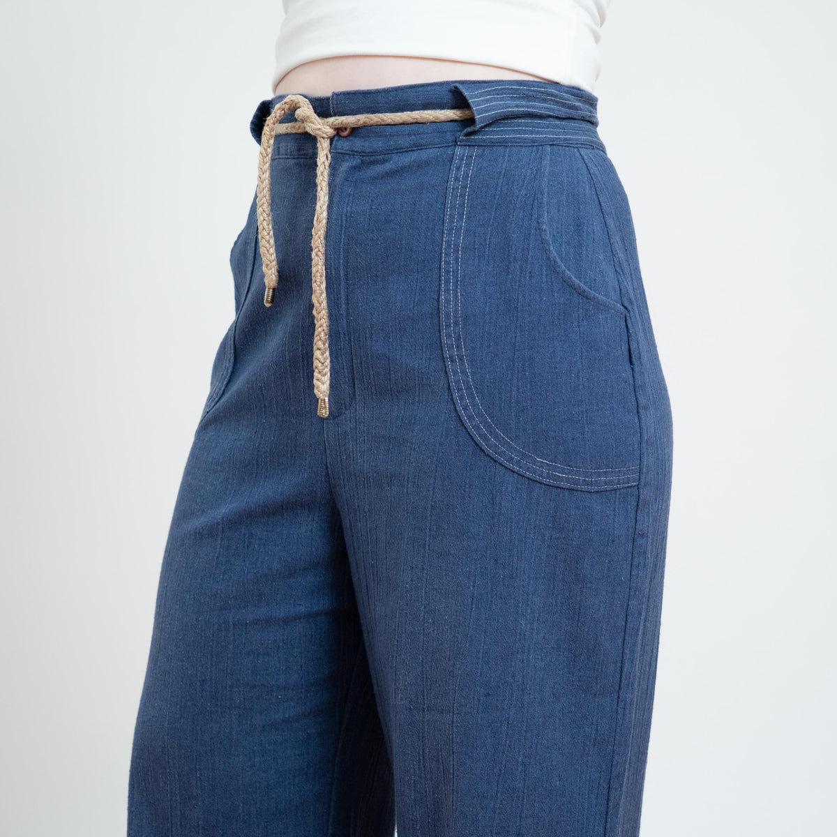 70s Style Chambray Wide Leg Drawstring Pants for Women - Medium/Large