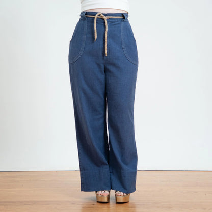 70s Style Chambray Wide Leg Drawstring Pants for Women - Medium/Large