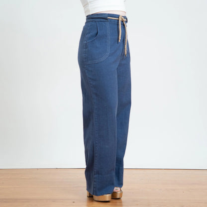 70s Style Chambray Wide Leg Drawstring Pants for Women - Medium/Large