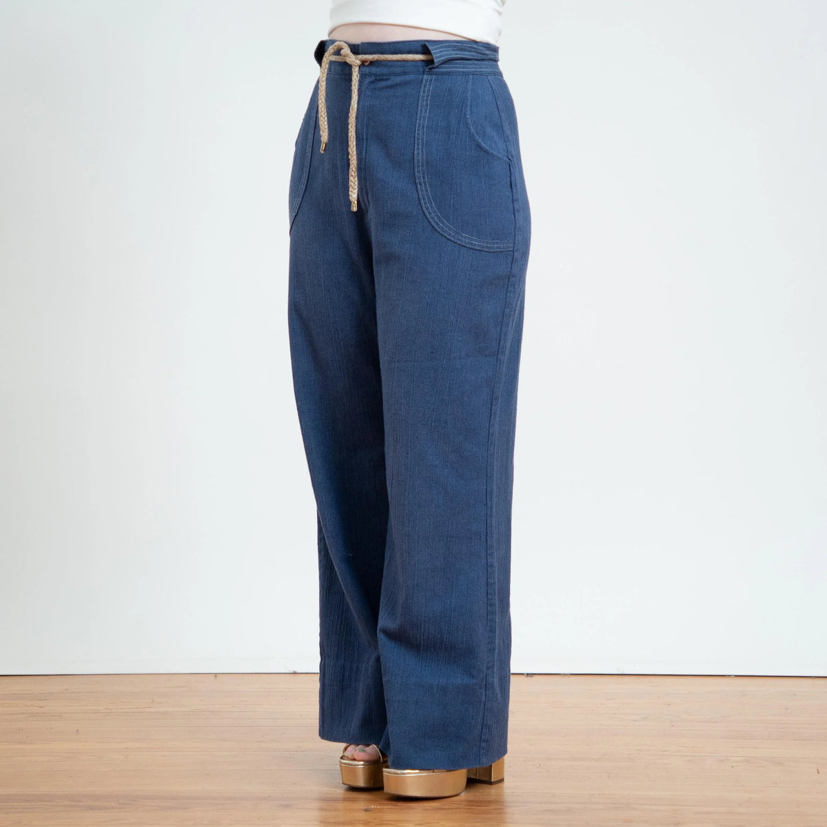 70s Style Chambray Wide Leg Drawstring Pants for Women - Medium/Large