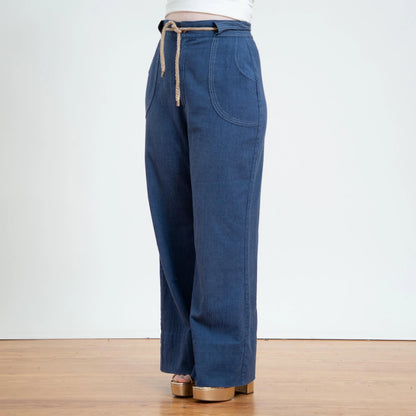 70s Style Chambray Wide Leg Drawstring Pants for Women - Medium/Large
