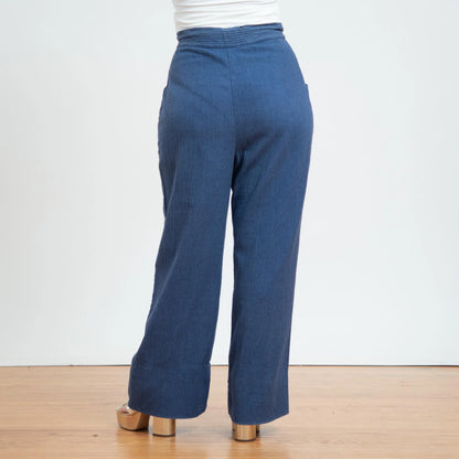 70s Style Chambray Wide Leg Drawstring Pants for Women - Medium/Large