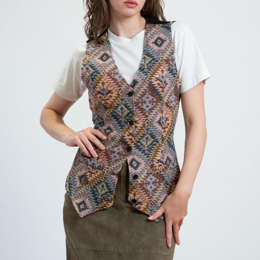 Women's vintage southwestern geometric tapestry vest with black back