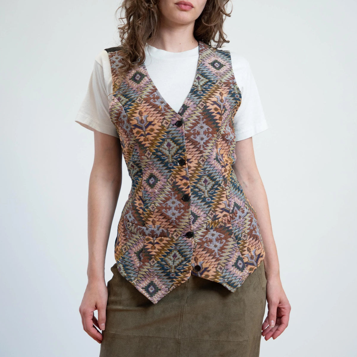 Bodega Vintage 80s Retro Southwestern Geometric Tapestry Vest for Women - Medium