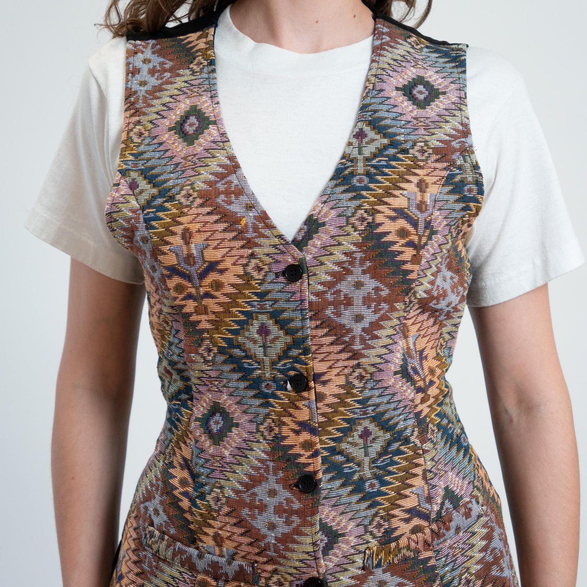 Bodega Vintage 80s Retro Southwestern Geometric Tapestry Vest for Women - Medium