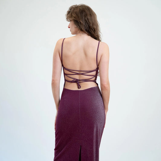 Bodega Vintage Women's Metallic Purple Strappy Backless Gown