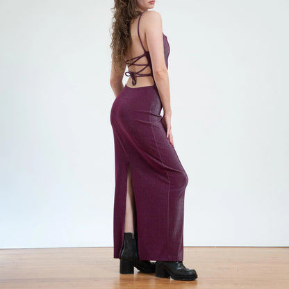 Bodega Vintage Women's Metallic Purple Strappy Backless Gown