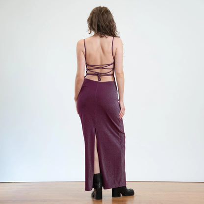 Bodega Vintage Women's Metallic Purple Strappy Backless Gown