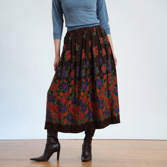 Vintage 80s Brown Floral Pleated Midi Skirt for Women