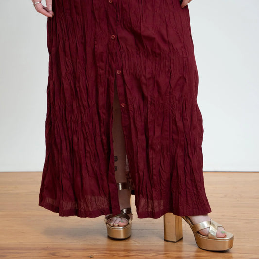 Wine Red Crinkle Maxi Shirtdress | Vintage 90s Style for Women - Medium